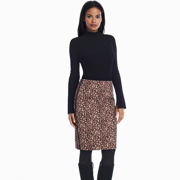 WHBM Cotton Blend Leopard Pencil Skirt Black Trim 12 - Picture 4 of 7